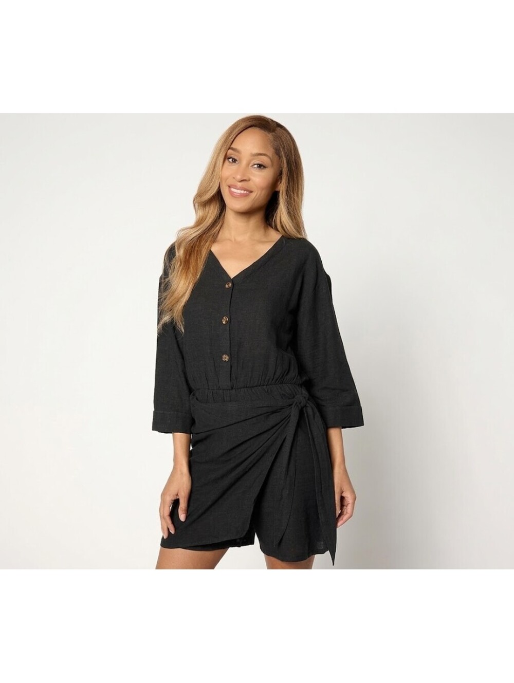 AnyBody Regular 3/4 Sleeve Y-Neck Drop Shoulder Wrap Romper Black, Size X-Large
